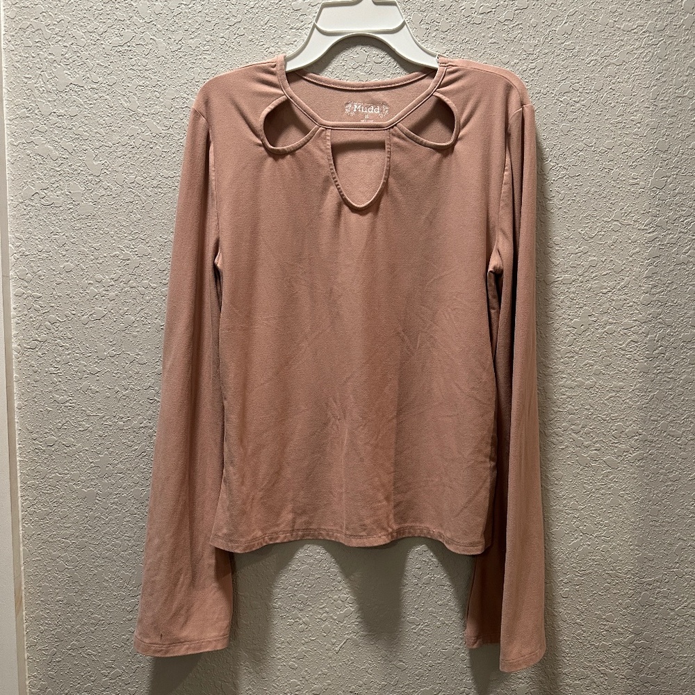 Juniors Long Sleeve Rose Pink Tee with Cut Out Neck Line